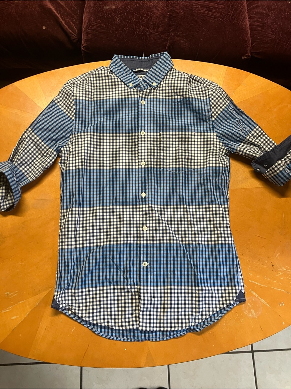 NWT Express Mens Blue Gingham Button Down Shirt S